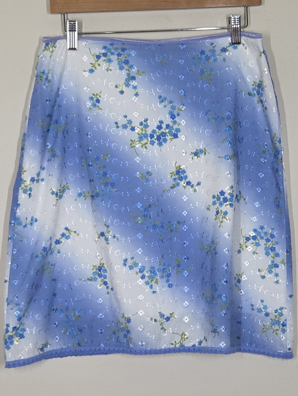 Vtg Y2K Exact Change Blue Ombre Floral Embroidered Skirt Fairy Romantic Boho 28"